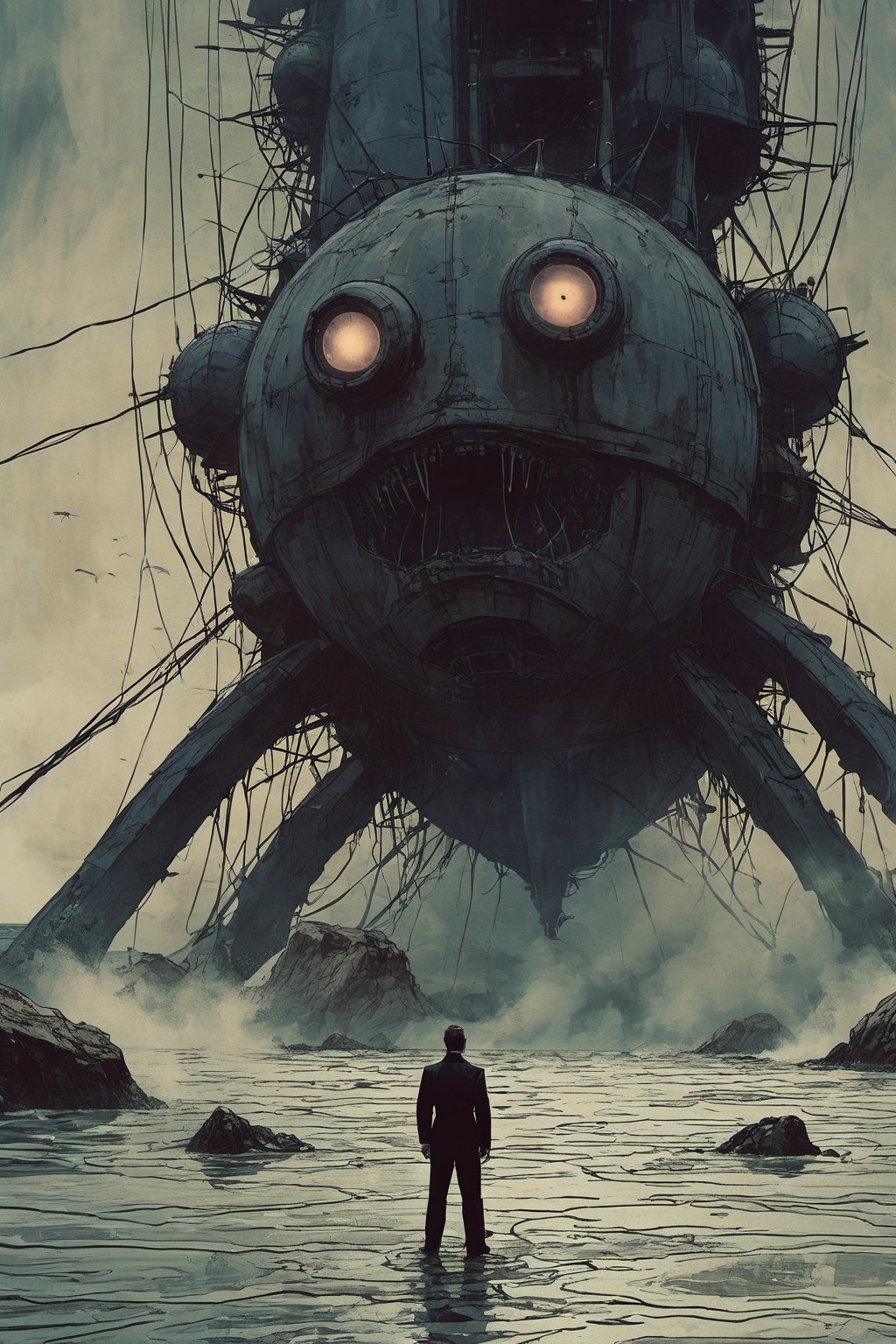 Closeup of a frightened man, eyes wide open, the narrator of War of the World, standing at the beach. 
BREAK
Background is the tiny steamship Ironclad HMS Thunder Child firing at a gigantic Martian Tripod