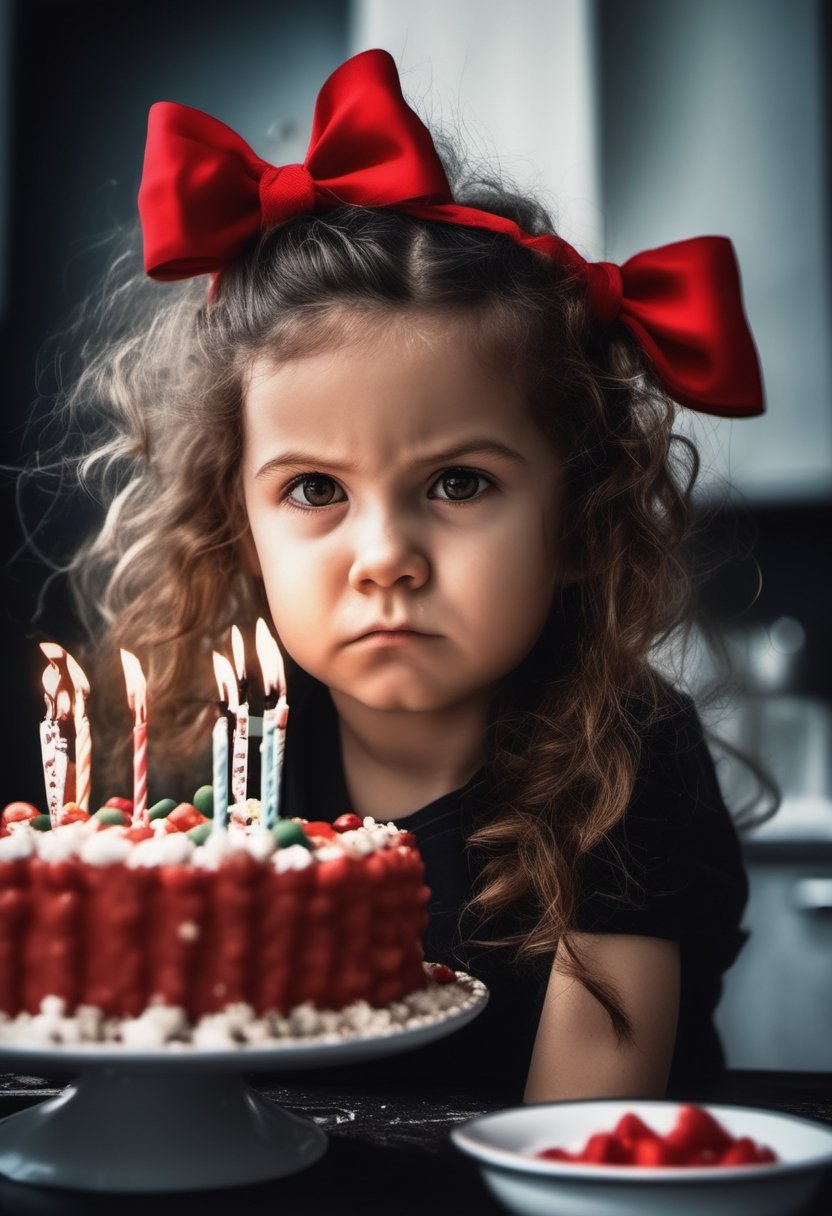 Portrait of a beautiful young girl wearing a headband bow and sitting behind a birthday cake. She has dark shadows under her eyes, an angry expression on her face, and flushed cheeks. In stark contrast to the festive occasion, she seems disconnected from the joy that surrounds her. Presents are visible in the background, adding to the surreal atmosphere. Her hair is a striking mix of red and black, drawing attention to her defiant stance. This image captures an intense moment where innocence meets anger.extremely high-resolution details, photographic, realism pushed to extreme, fine texture, 4k,  ultra-detailed, high quality, high contrast,