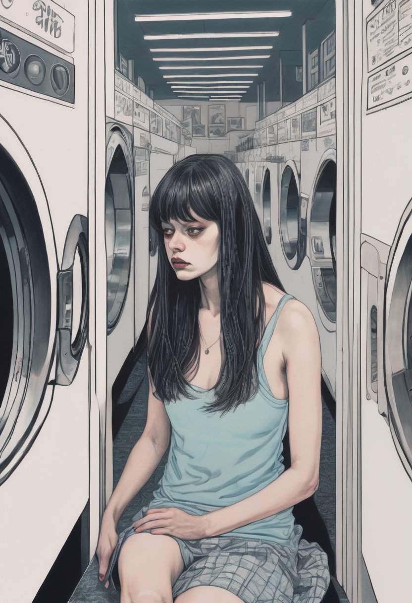 Woman, long hair, bored, waiting at a laundromat, overhead shot, art by Junji Ito, art by Martine Johanna