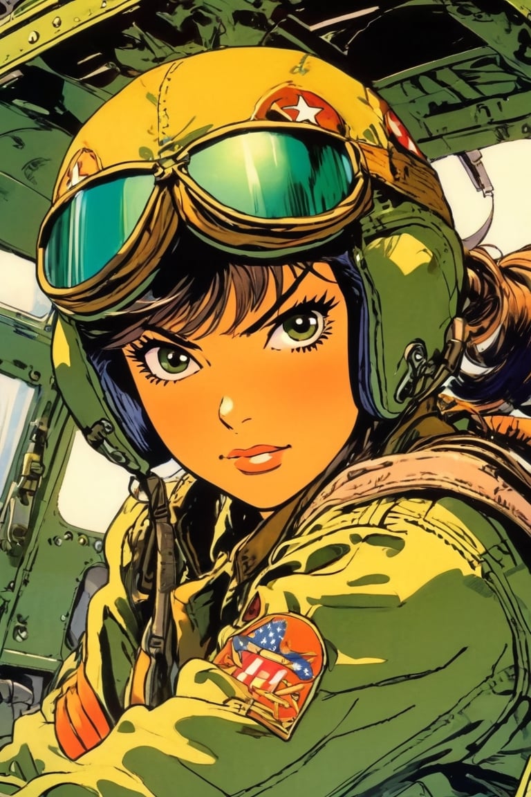 Anime Network, Female WW2 Pilot, bored expression, sitting inside fighter airplane, art by Masamune Shirow. Anime style, key visual, vibrant, studio anime