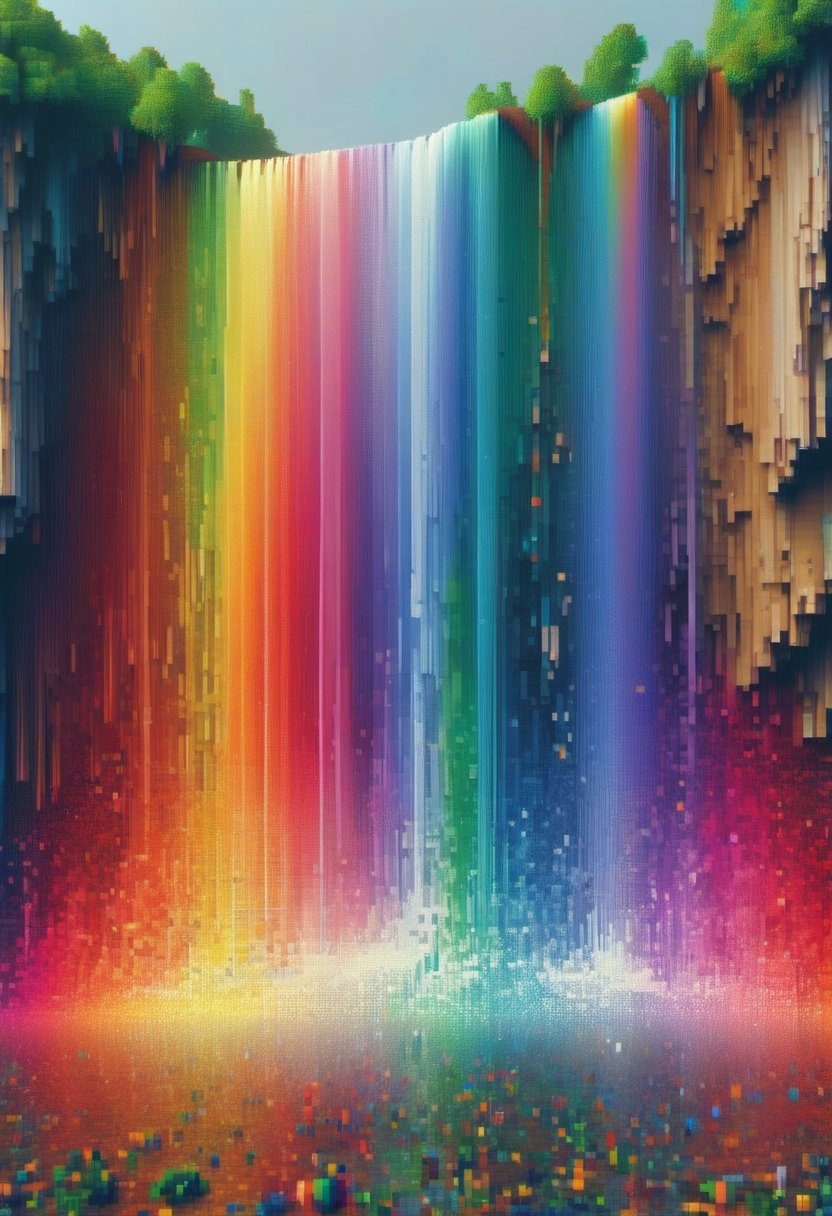 A cascade of waterfalls of rainbow-colored pixels that fall into the ground, dissolving into pixels.  