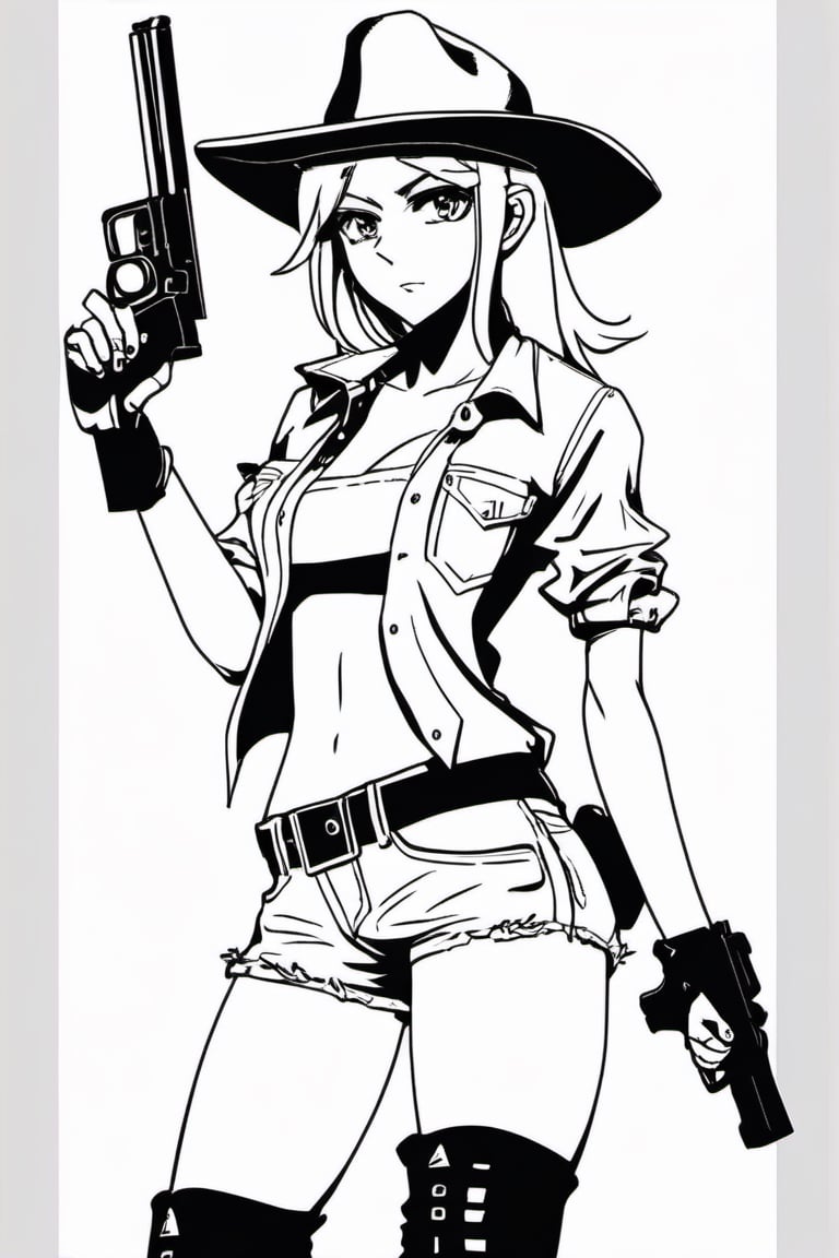 Blonde Cowgirl in white short shorts,pointing with a gun, anime style, black and white drawing