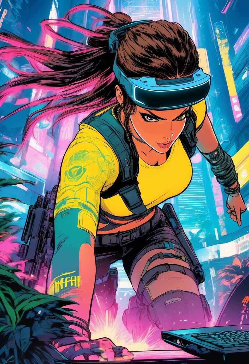 Anime artwork, Lara Croft,  wearing VR helmet,  hacking on a computer. cyberpunk 2077 cityscape, art by Masamune Shirow, anime style, key visual, vibrant, studio anime, highly detailed