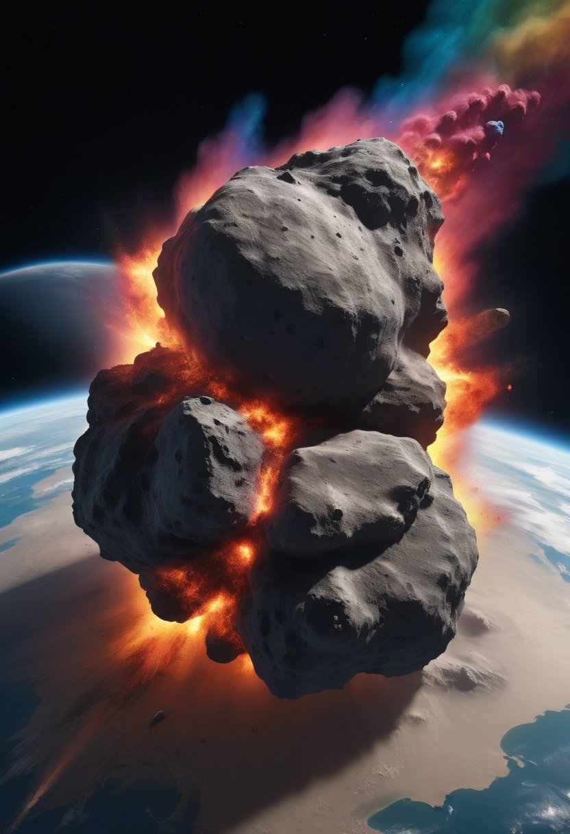 asteroid impacting earth, multi-colored dust and fire 