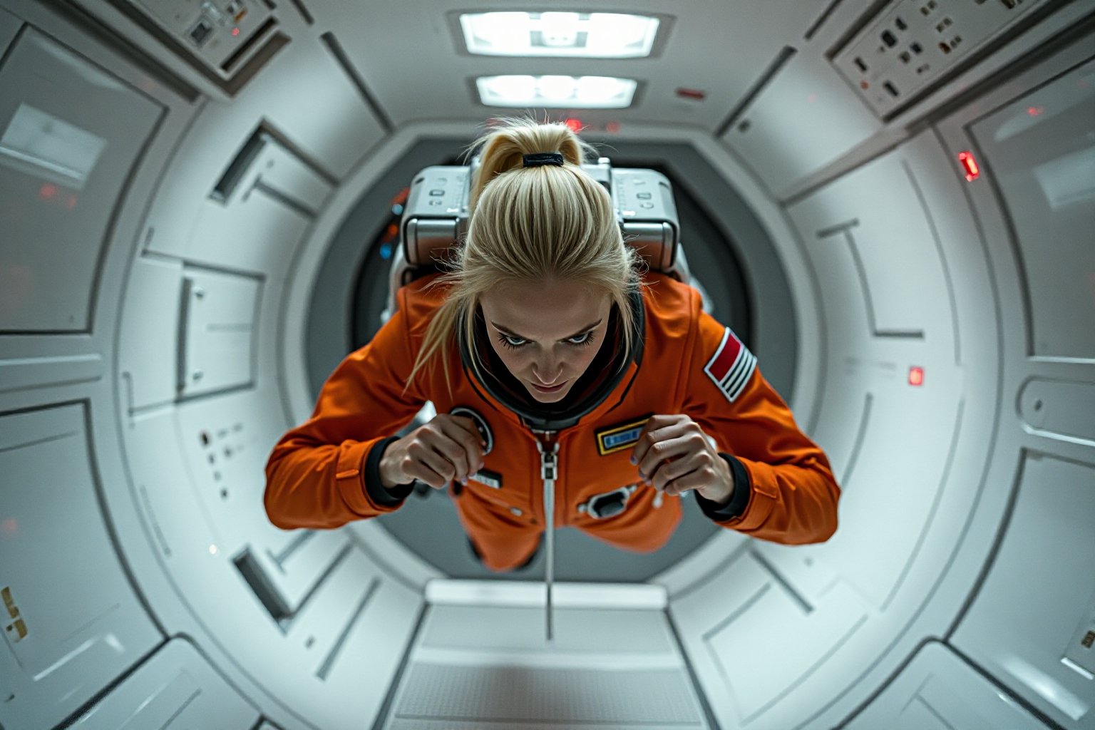 A blonde woman, ponytail, dressed in an orange spacesuit, is carefully re-enacting the iconic scene from 2001: A Space Odyssey where David Bowman deactivates HAL 9000. Floating weightless Inside a sleek, futuristic spacecraft, she methodically removes the components of the HAL 9000 interface, one piece at a time. The setting is tense and sterile, with bright lighting reflecting off the white sterile surfaces, capturing the eerie, unsettling atmosphere of the original scene. The red glow of HAL's eye slowly fades as the scene unfolds, highlighting the dramatic tension between human and machine.