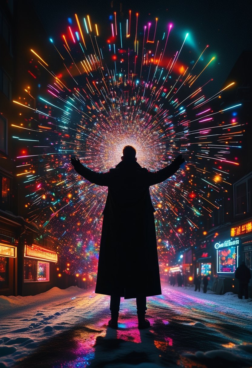 A man in a black coat, back view, arms raised, standing in the snow, radiating colorful sparkles. ral-exposure, in the style of double exposure, neon art nouveau, long exposure, wimmelbilder, layered lines, neonpunk, chiaroscuro, best quality, masterpiece, highres, absurdres, incredibly absurdres, huge filesize, wallpaper, colorful,8K,RAW photo
,Long_Exposure