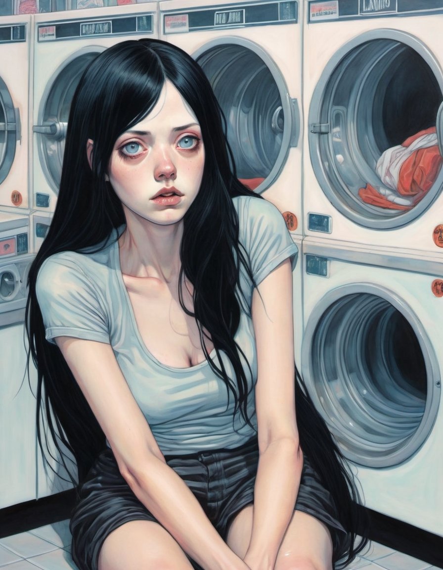 Woman, long black hair, bored, waiting at a laundromat, overhead shot, art by Junji Ito, art by Martine Johanna