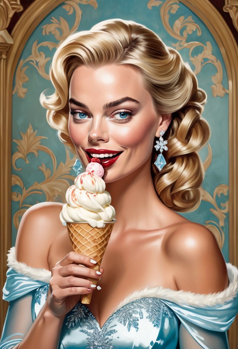 Photo of Margot Robbie, as Elsa from Frozen movie, eaten ice cream. art by J.C. Leyendecker, Canon 5d Mark 4, Kodak Ektar