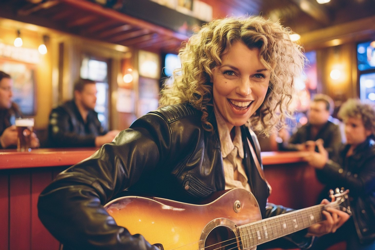 Dutch Angle. Closeup Photo of a caucasian woman with curly hair, leather jacket and mini skirt playing guitar in a bar. Background is a fat man drinking beer. Style by J.C. Leyendecker. Canon 5d Mark 4, Kodak Ektar, 35mm 