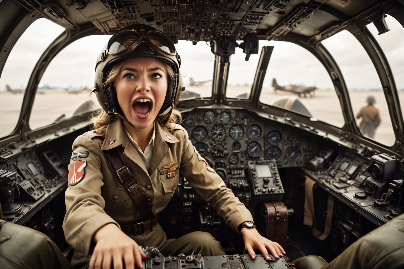 Photo,  Female pilot,  screaming,  inside cockpit,  ww2,  canon 5d mark 4, Kodak ektar, style by Masamune Shirow, style by J.C. Leyendecker. ra-exposure