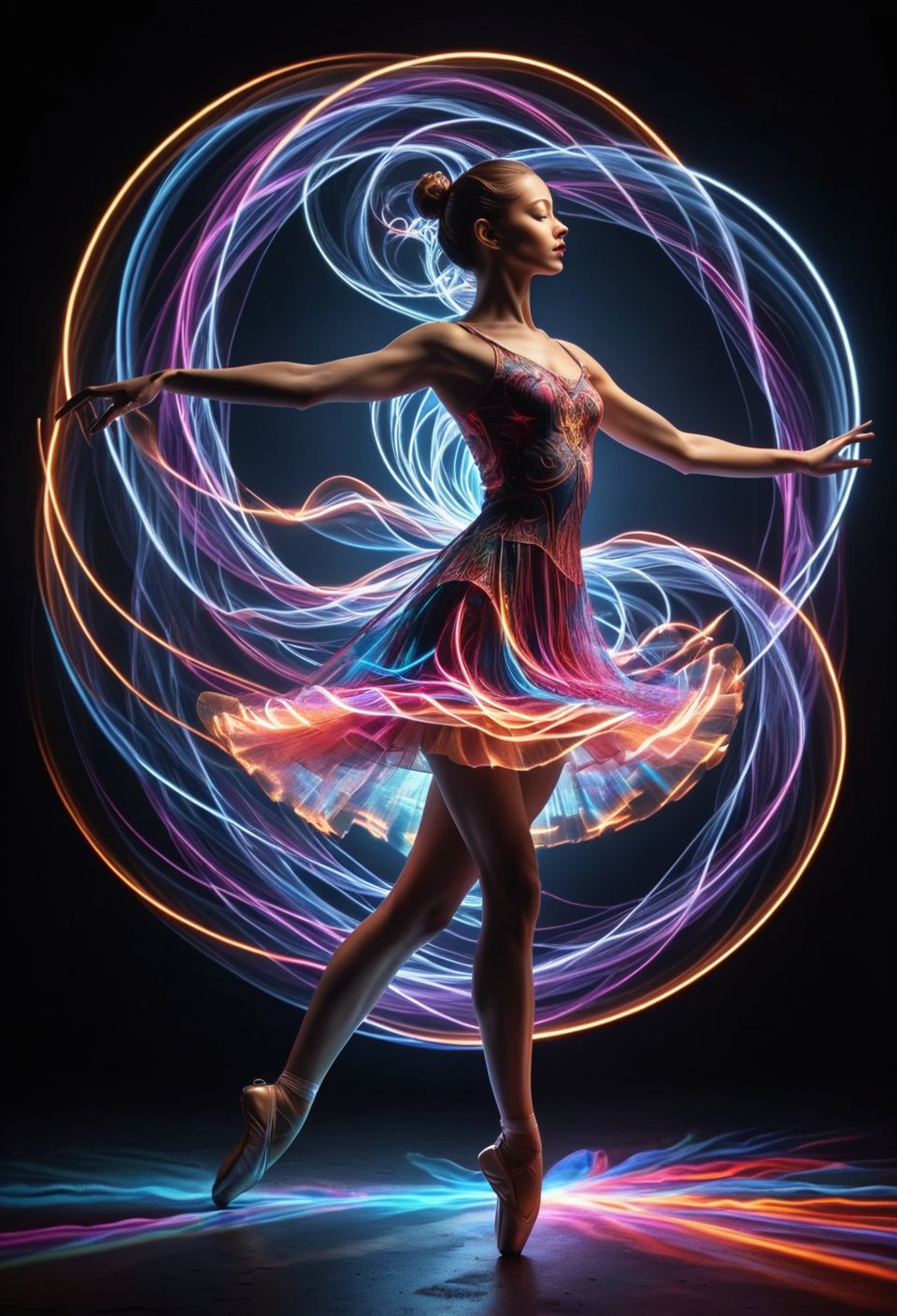 ral-exposure, profile of ballerina dacing, in the style of double exposure, neon art nouveau, long exposure, wimmelbilder, layered lines, neonpunk, chiaroscuro, best quality, masterpiece, highres, absurdres, incredibly absurdres, huge filesize, wallpaper, colorful,8K,RAW photo