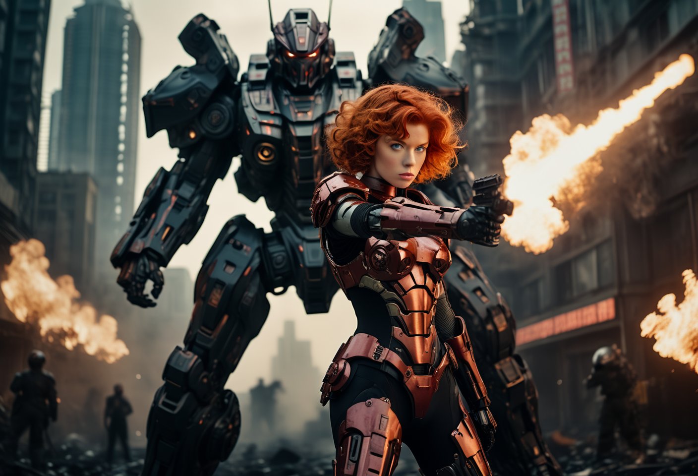 A cinematic film still of a redhead with wavy perm hair in apowered armor suit, shooting at giant black mecha. 

The heroine's armor is adorned with intricate designs and a retractable shroud, revealing her determination and strength. The background is a dystopian cityscape, with buildings crumbling and people caught in the crossfire. Canon 5d Mark 4, Kodak Ektar, 35mm. Style by Masamune Shirow. Style by J.C. Leyendecker. 