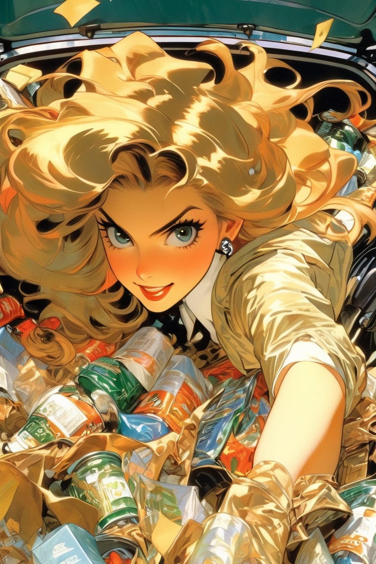 anime artwork, open trunk of a car, filled with trash, Woman, long hair, art by J.C. Leyendecker, anime style, key visual, vibrant, studio anime, highly detailed