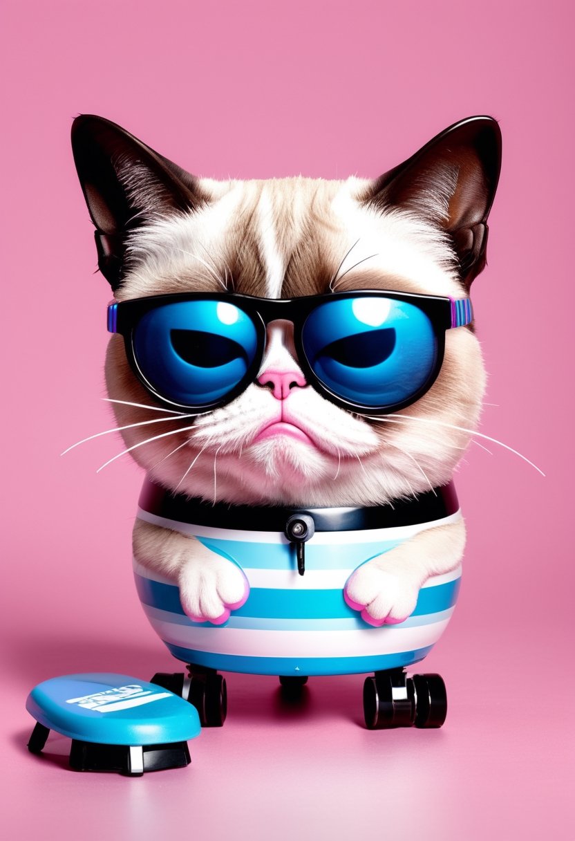 Grumpy Cat as pink mechanical toy wearing sunglasses and blue and black striped flip-flops that beats a bass drum bearing the Energizer logo.