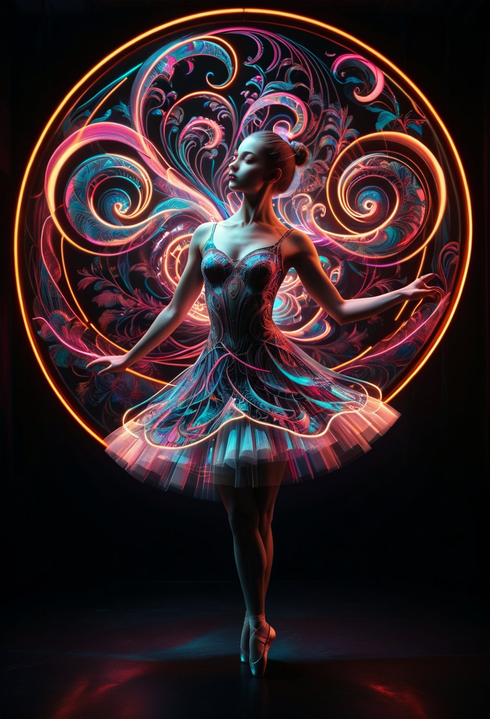 ral-exposure, profile of ballerina dacing, in the style of double exposure, neon art nouveau, long exposure, wimmelbilder, layered lines, neonpunk, chiaroscuro, best quality, masterpiece, highres, absurdres, incredibly absurdres, huge filesize, wallpaper, colorful,8K,RAW photo