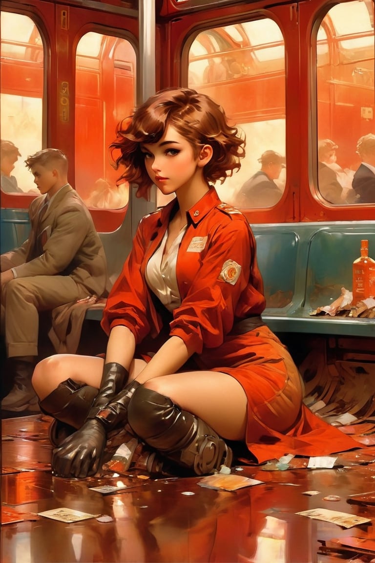 anime artwork, Girl, sitting on train, red interior, rust, garbage on the floor, broken bottles, art by J.C. Leyendecker . anime style, key visual, vibrant, studio anime, highly detailed,ClassipeintXL,LaxpeintXL