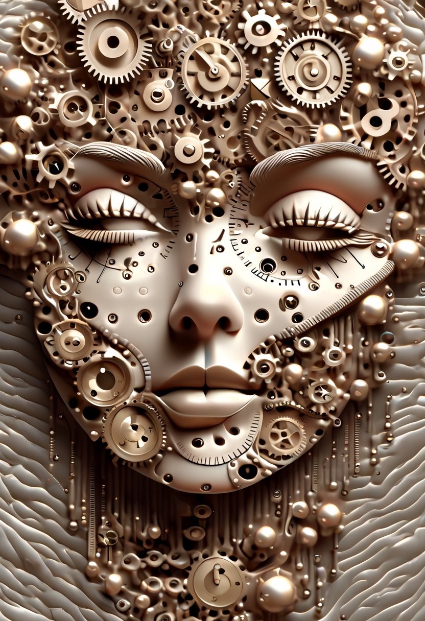 Surrealist art, A woman's face is open zipper, clocks and intricate gears inside the face. 3 d fluid simulation render,  3d grainy aesthetic illustration,  ultra realistic 3d illustration,  smartphone,  highly detailed 3 d render,  highly detailed 3d render,  full hd render,  surreal 3 