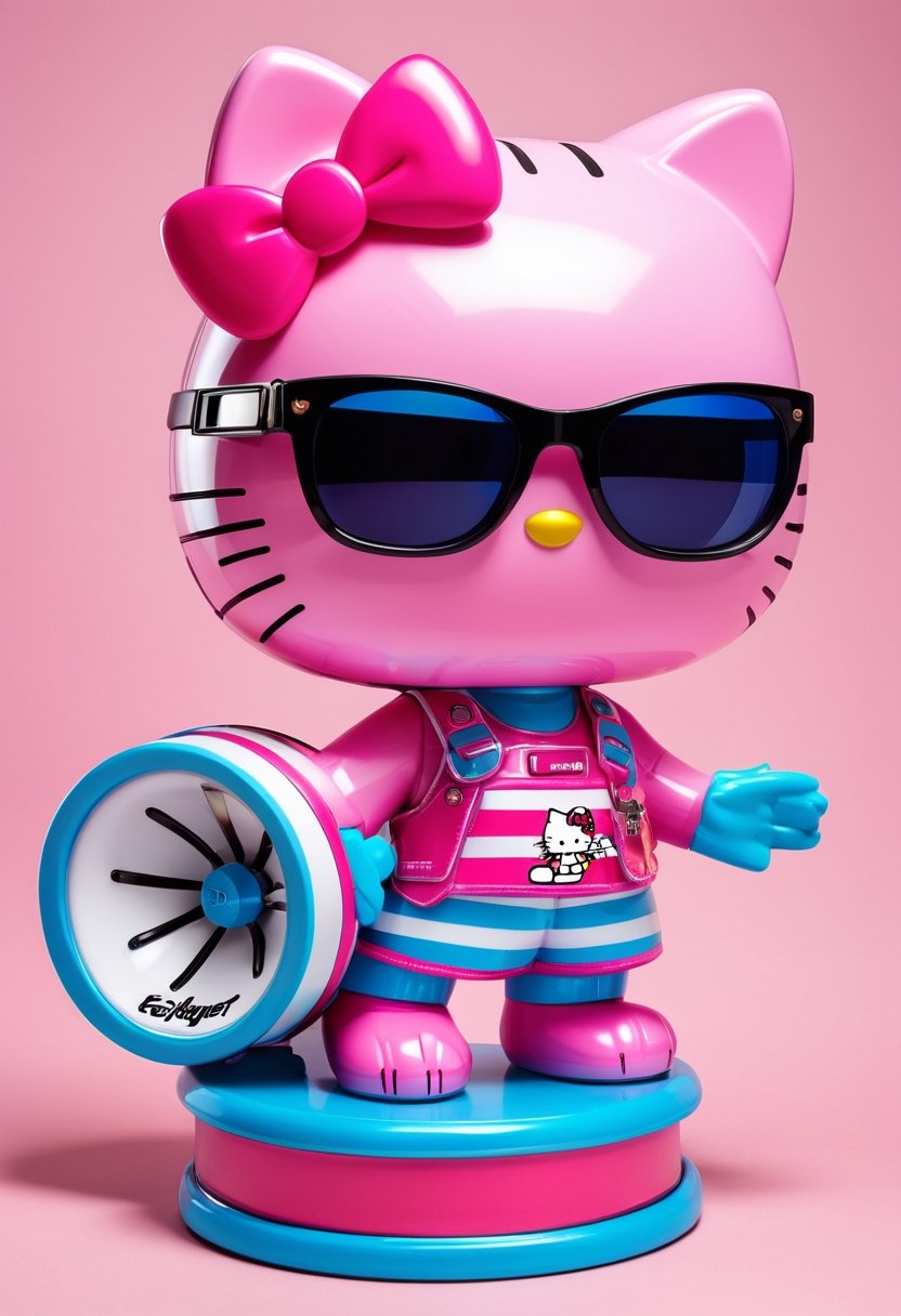 Hello Kitty as pink mechanical toy wearing sunglasses and blue and black striped flip-flops that beats a bass drum bearing the Energizer logo.