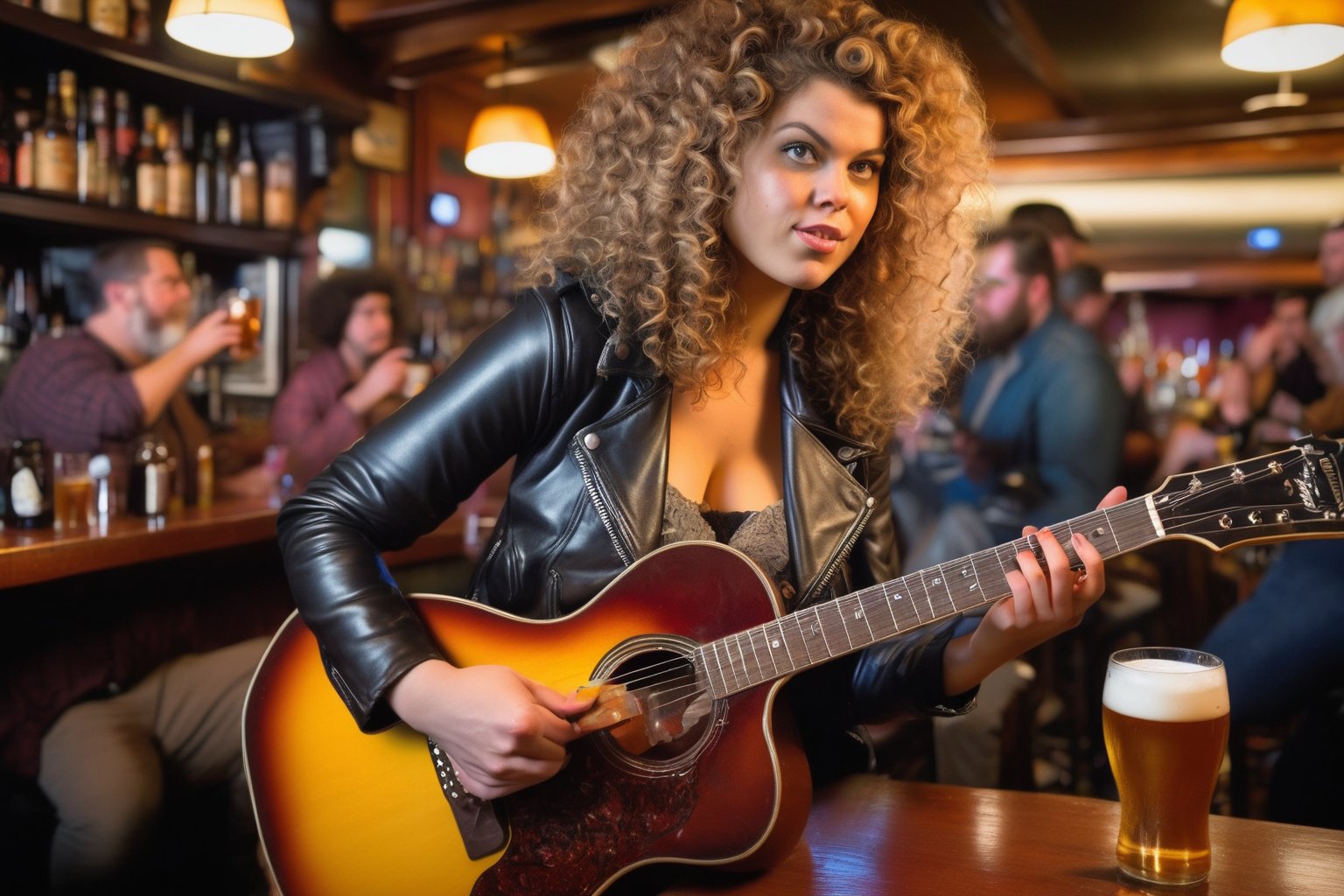 Prompt: Dutch Angle. Closeup Photo of a caucasian woman with curly hair, leather jacket and mini skirt playing guitar in a bar. Background is a fat man drinking beer. Style by J.C. Leyendecker. Canon 5d Mark 4, Kodak Ektar, 35mm 