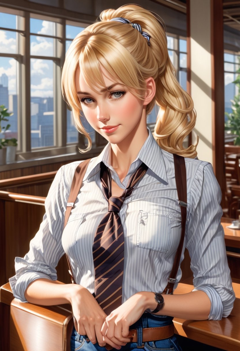 Photo of  tomboyish blonde. Her hair is tied in a ponytail. She's wearing a striped shirt,  with the sleeves rolled up,  and a necktie. She's also wearing jeans with suspenders. art by Makoto Shinkai,  art by J.C. Leyendecker