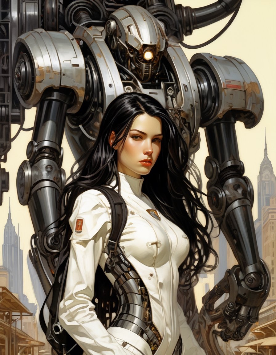 Girl,  black long hair blown by the wind,  cybernetic armor,  backpack,  art by J.C. Leyendecker. Background is a Giant evil Mechanical Robot.
