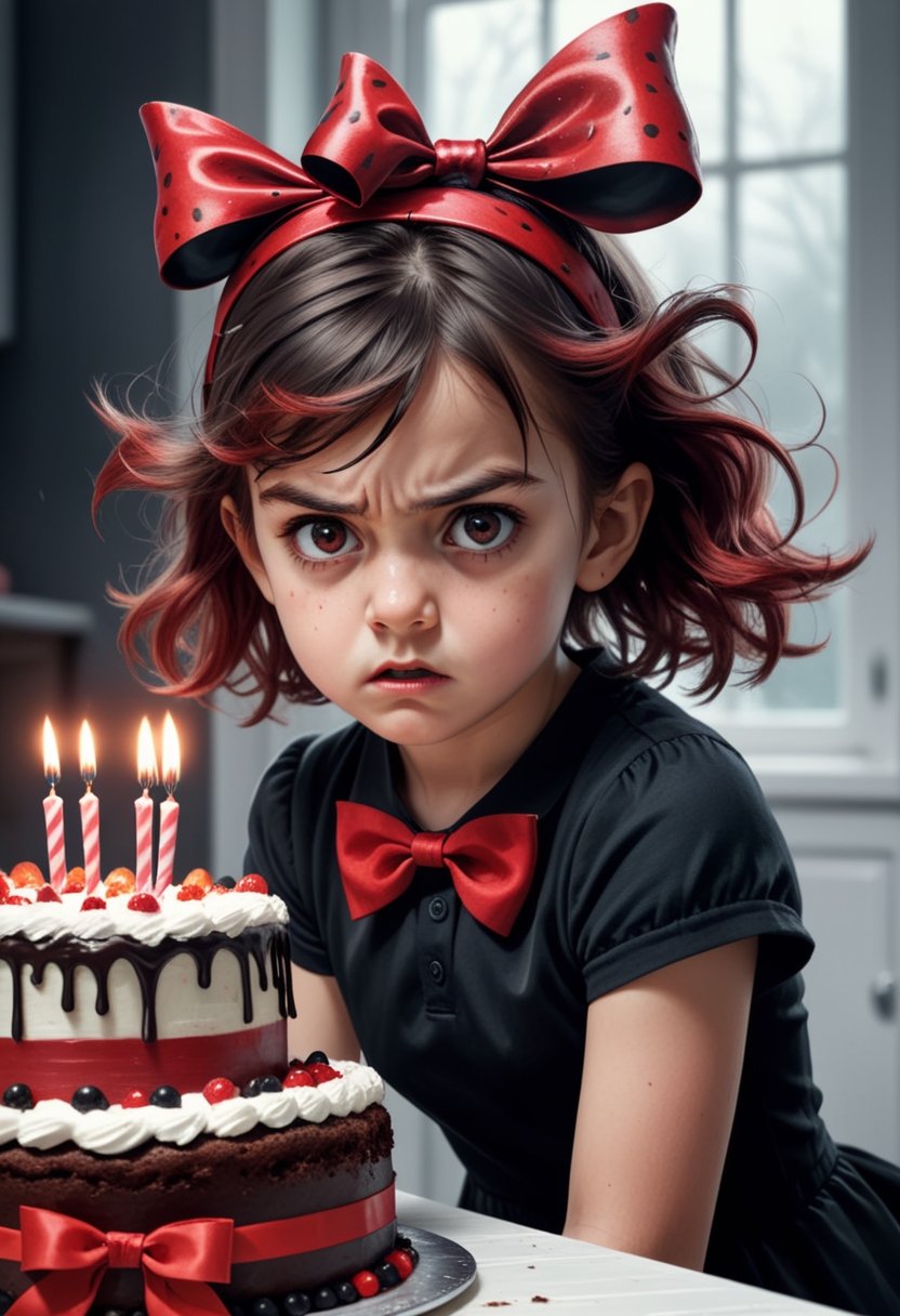 Portrait of a beautiful young girl wearing a headband bow and sitting behind a birthday cake. She has dark shadows under her eyes, an angry expression on her face, and flushed cheeks. In stark contrast to the festive occasion, she seems disconnected from the joy that surrounds her. Presents are visible in the background, adding to the surreal atmosphere. Her hair is a striking mix of red and black, drawing attention to her defiant stance. This image captures an intense moment where innocence meets anger.extremely high-resolution details, photographic, realism pushed to extreme, fine texture, 4k,  ultra-detailed, high quality, high contrast,