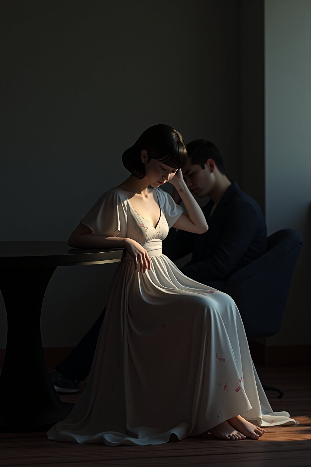 3d octane render, dark dreamy art of a cute little minimalist Colorful balenziaga, shaping lighting and shadows, cosy lo-fi setting intimate scene with two people in a room. A young lo-fi woman in an elegant, flowing dress with floral patterns sits beside a round, dark wooden table. She leans slightly, her face turned away, revealing a soft, serene expression. Her dress gently cascades. The man, seated behind her with his hand on his forehead, appears deep in thought. The overall atmosphere is quiet, introspective, and melancholic, evoking a sense of stillness and contemplation. 