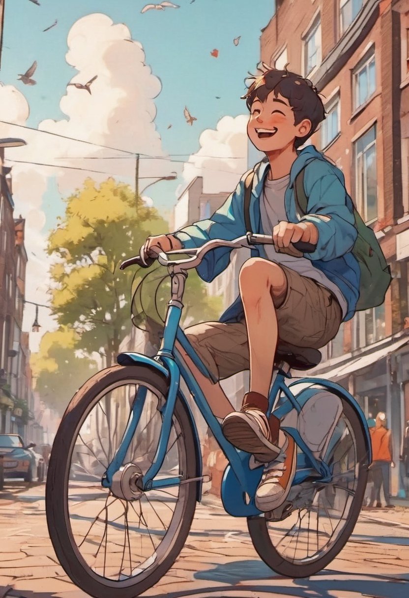 Close up of a happy boy a riding a bicycle in  Nijmegen  dreamyvibes artstyleNegative: