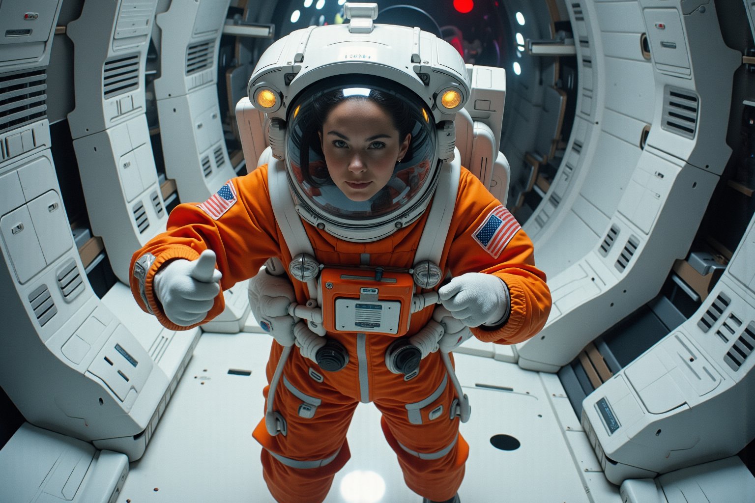 Wide angle shot of a female astronaut, dressed in a vibrant orange space uniform, is carefully re-enacting the iconic scene from 2001: A Space Odyssey where the astronaut deactivates HAL 9000. Floating weightless Inside a sleek, futuristic spacecraft, she methodically removes the components of the HAL 9000 interface, one piece at a time. The setting is tense and sterile, with bright lighting reflecting off the white sterile surfaces, capturing the eerie, unsettling atmosphere of the original scene. The red glow of HAL's eye slowly fades as the scene unfolds, highlighting the dramatic tension between human and machine.