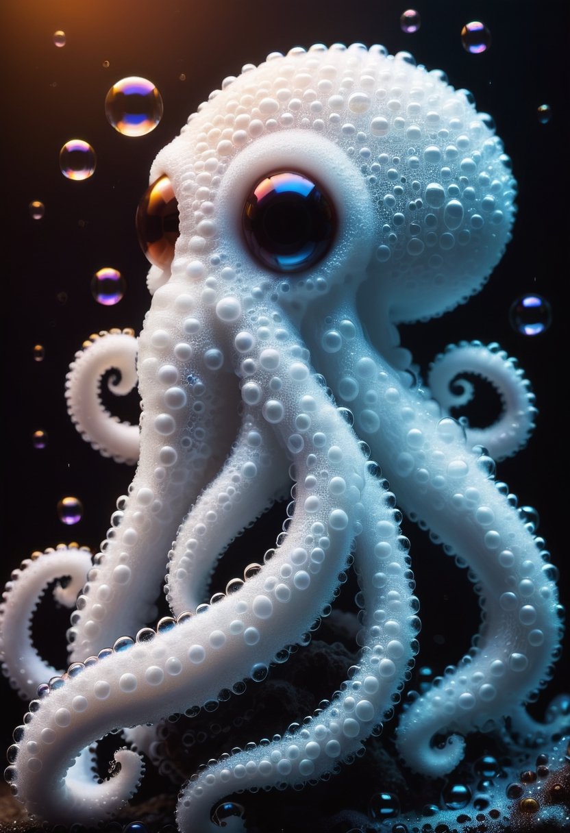 Made of bath foam and soap bubbles, photo of octopus, sharp focus, vibrant colors, strong film grain, cinematic lighting