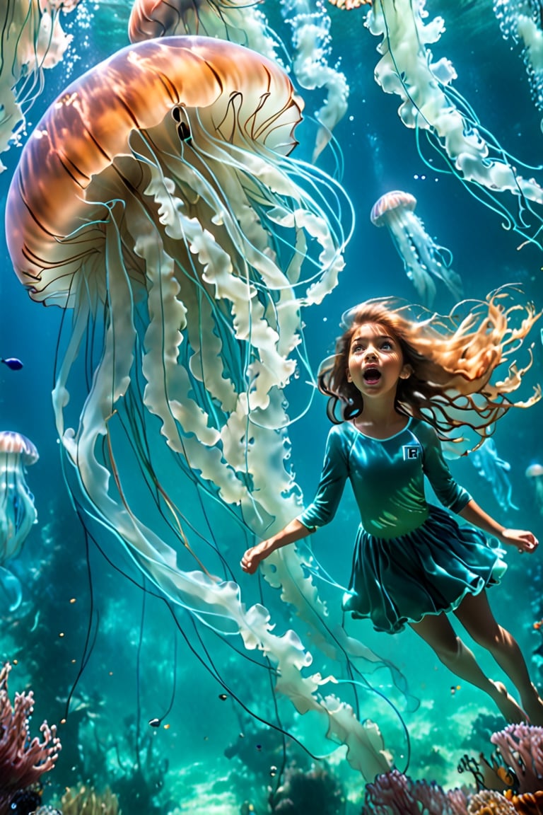 through the transparent barrier of an underwater observation pod, a terrified young girl gazes wide-eyed at the colossal figure of a Lion’s Mane Jellyfish. The glass wall magnifies the immense Jellyfish's size, highlighting its tentacles and baggy fluid-like body and vibrant bioluminescence colors. The girl's fear is palpable, her small frame contrasted against the overwhelming might of the ancient creature outside. The underwater scene is enveloped in an eerie blue-green glow, illuminated by the pod's artificial lighting. This tense and dramatic moment is captured as a hauntingly realistic photograph, taken with a telephoto lens that captures both the intricate details of the Lion’s Mane Jellyfish features and the raw emotion etched across the girl's face.