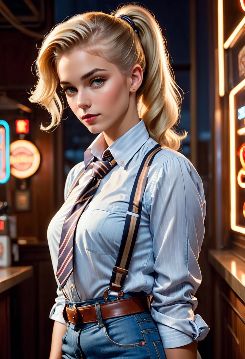 Photo of tomboyish blonde. art by J.C. Leyendecker, neon light, Canon 5d Mark 4, Kodak Ektar, Her hair is tied in a ponytail. She's wearing a striped shirt, with the sleeves rolled up, and a necktie. She's also wearing jeans with suspenders