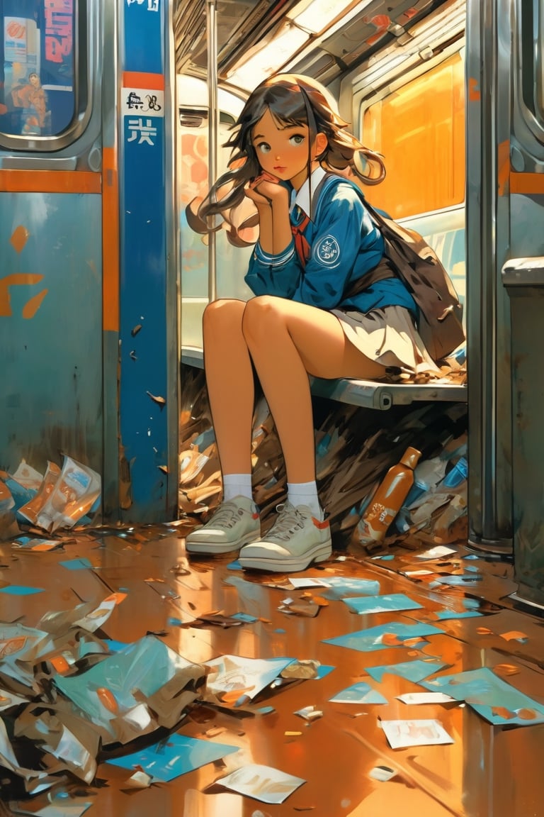 anime artwork, Japanese school girl, sitting on subway, blue interior, rust, garbage on the floor, broken bottles, art by J.C. Leyendecker . anime style, key visual, vibrant, studio anime, highly detailed