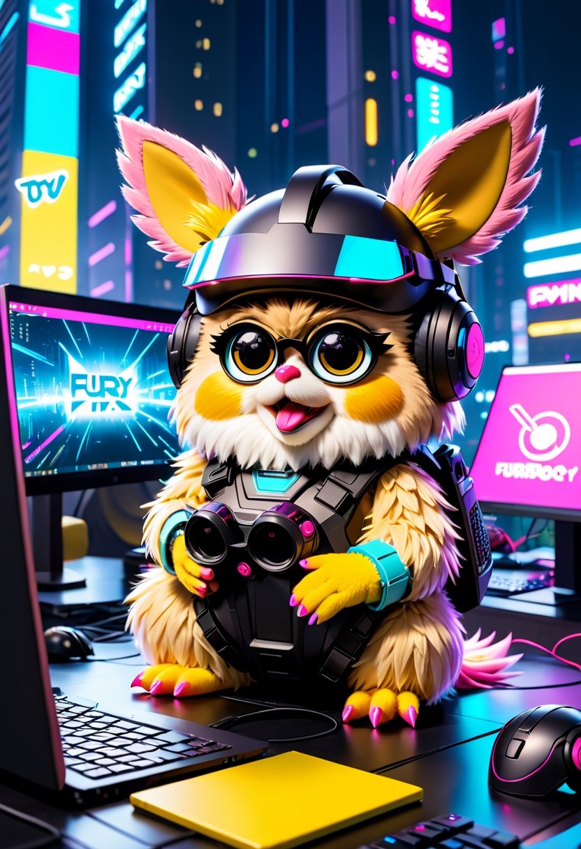 Photo of Furby,  toy, wearing VR helmet,  hacking on a computer. cyberpunk 2077 cityscape