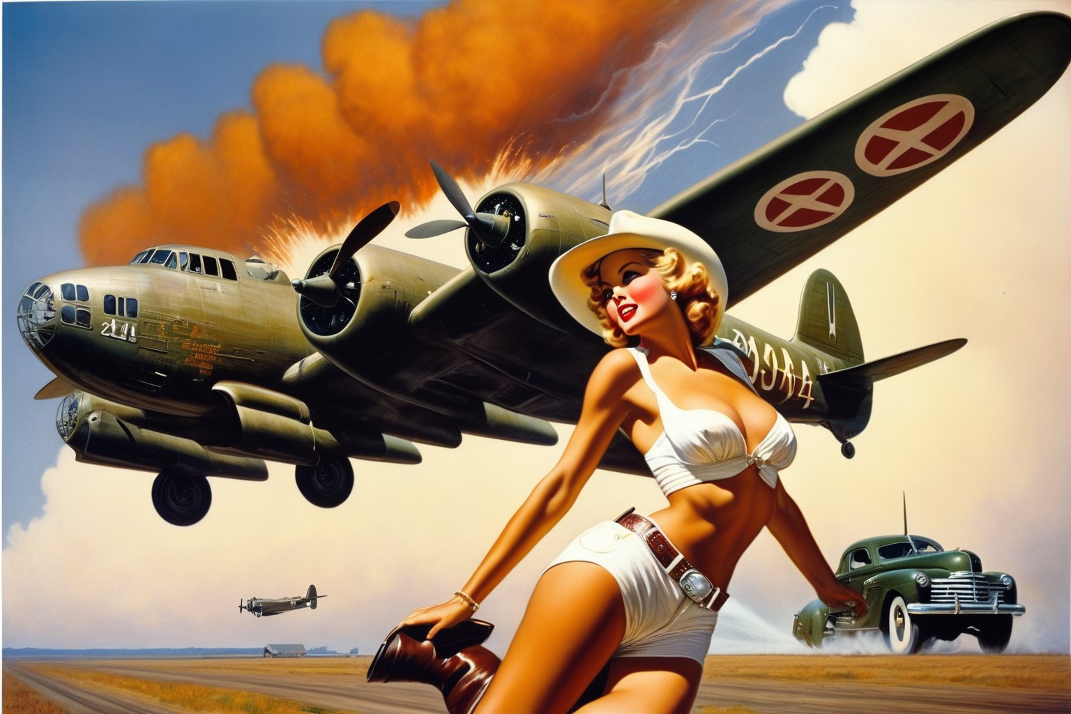 Photo of a cowgirl in white short shorts and fedora, riding a massive nuclear bomb as it is being dropped from a vintage bomber plane. The cowgirl holds onto the bomb with a determined expression, her hair flowing in the wind. The bomber plane is shown in the background, with its engines roaring and propellers spinning. Style by J.C. Leyendecker. Canon 5d Mark 4, Kodak Ektar, 35mm