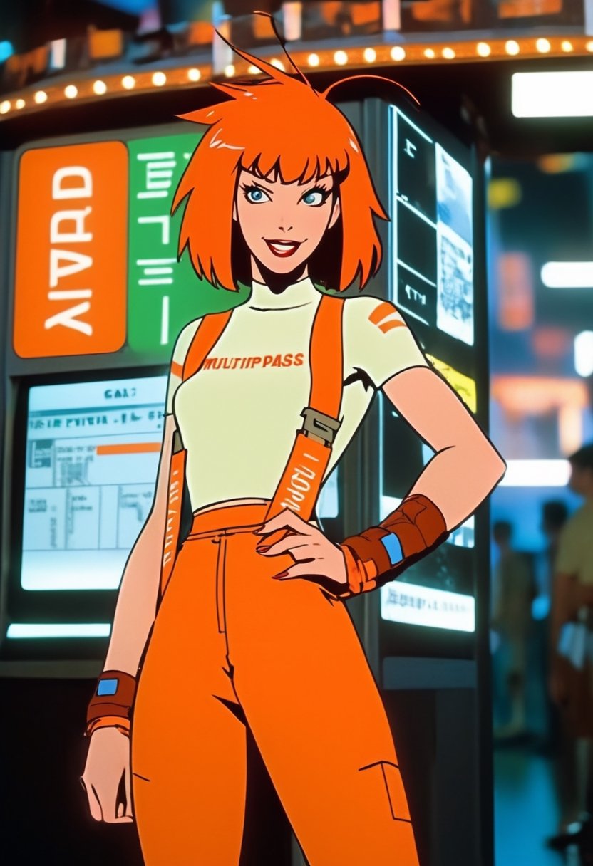 leeloo dallas, standing in front of a kiosk,  holding up a card with the word "MULTIPASS", (orange suspenders), cyberpunk background, ((cyberwear)),