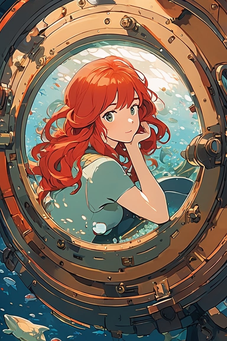 anime artwork, Girl, red head, sitting beside a large port hole, inside a submarine, underwater scene, whales, art by J.C. Leyendecker . anime style, key visual, vibrant, studio anime, highly detailed,ClassipeintXL,LaxpeintXL