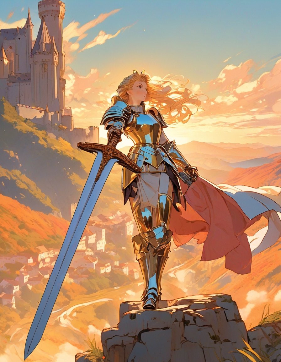 Young woman in medieval metal armor, lifting a sword toward the sky, near a faraway castle at sunset. overlooking a valley, art by J.C. Leyendecker. Anime artwork, anime style, key visual, vibrant, studio anime,  highly detailed