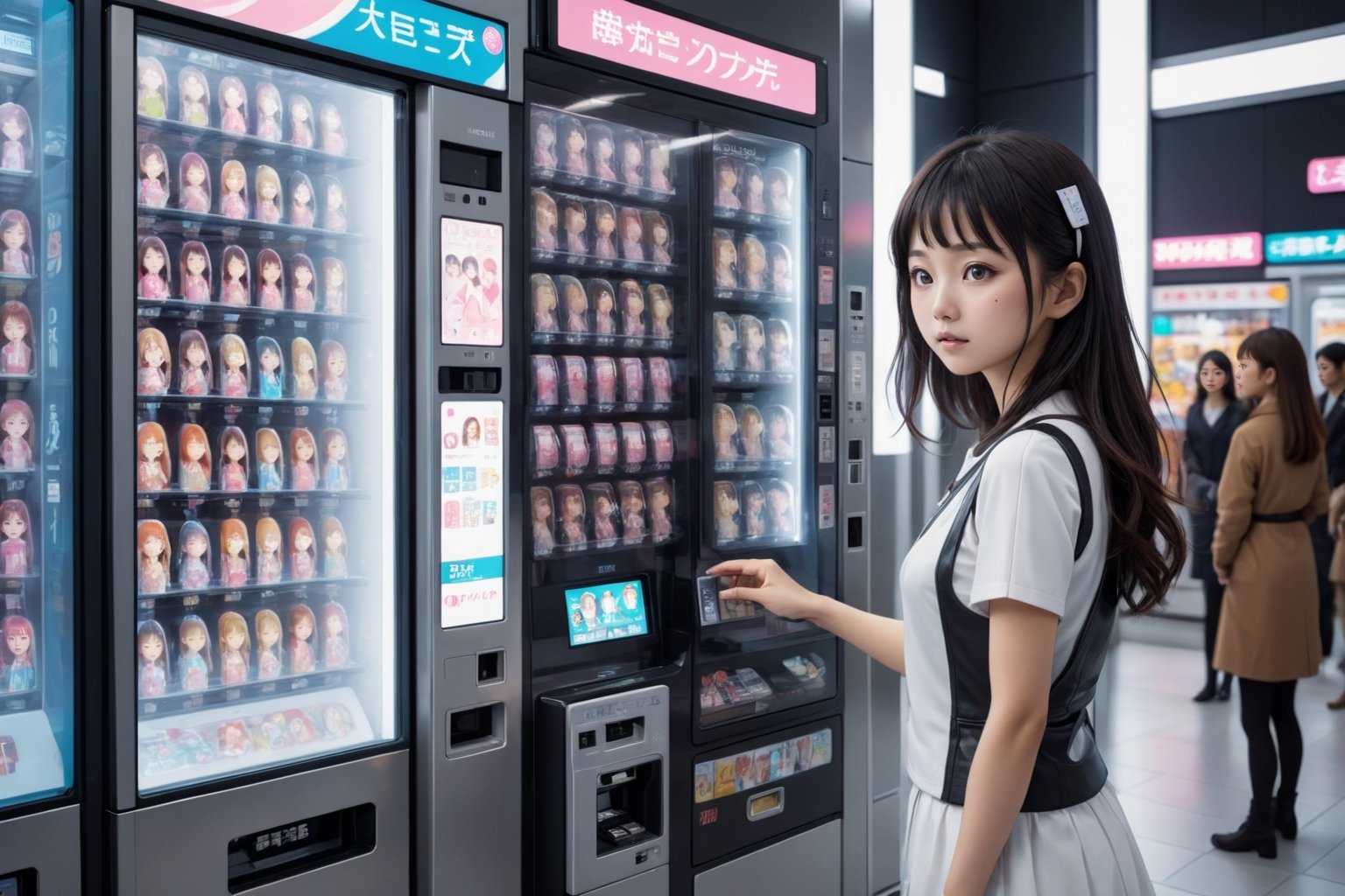 a young Japanese woman being sold from a futuristic, high-tech vending machine. The vending machine is filled with various female figures, each representing a different type of companion.