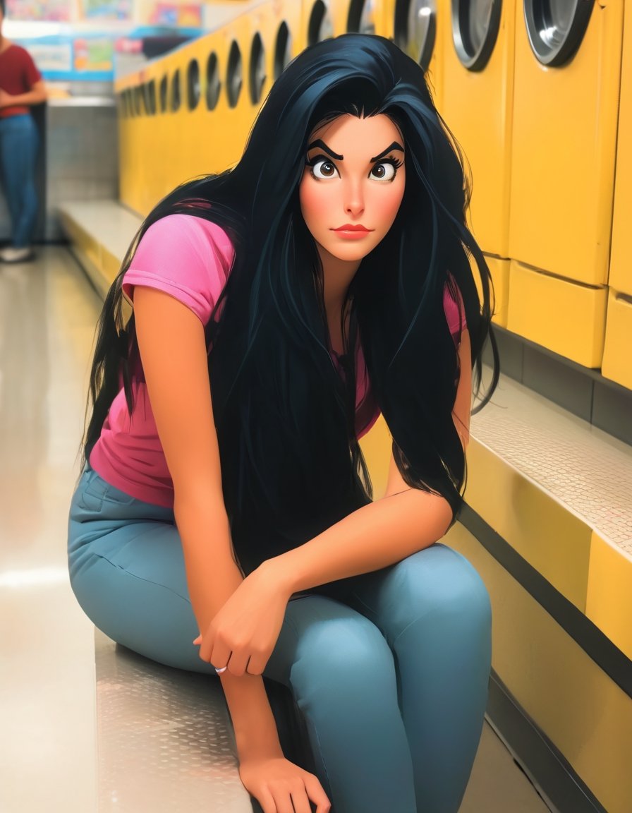 Woman, long black hair, bored, waiting at a laundromat