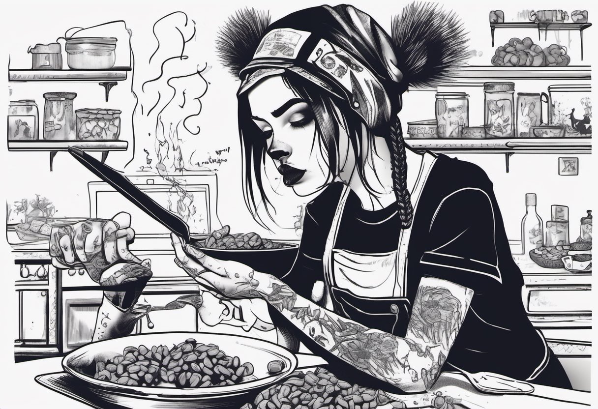 Profile of 1girl, Goth girl with piercing and tattoo, cooking beans over pizzaRoman soldiers  fighting raccoons
