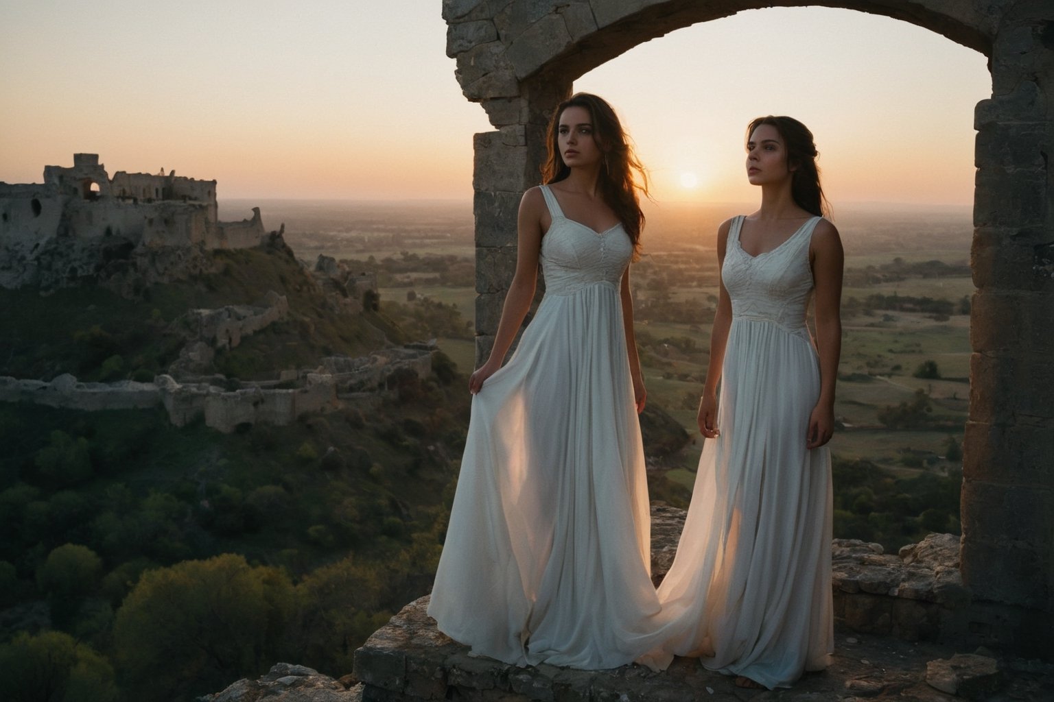 A striking cinematic shot of a young woman standing atop an ancient, crumbling fortress, overlooking a vast landscape. The sun sets in the background, casting a warm golden light over the scene. The woman, dressed in a flowing white dress, gazes intently into the distance, her expression a mixture of determination and melancholy. The overall atmosphere is both majestic and nostalgic, with a touch of mystery and romance., cinematic. Canon 5d Mark 4, Kodak Ektar