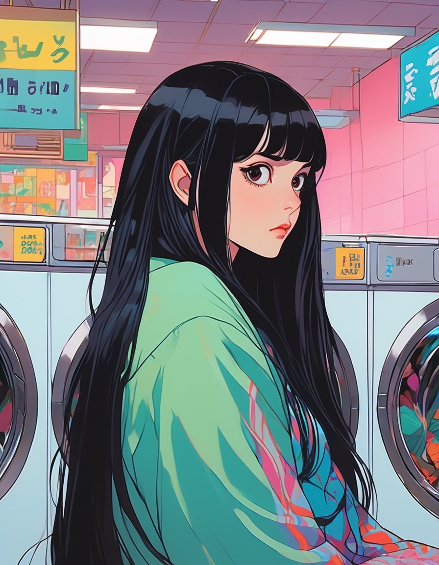 Woman, long black hair, bored, waiting at a laundromat, art by Junji Ito, art by Martine Johanna, anime network, anime style