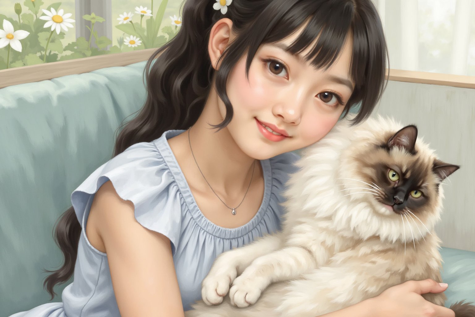 Oil painting. Create a close-up portrait of a smiling Japanese young woman, holding or sitting next to her beloved cat. The woman wearing a classic summer dress, has a warm, gentle smile on her face as she looks at the camera. Her cat, a cute and fluffy companion, either rests in her arms or sits beside her, gazing up with calm eyes. The background should be softly blurred to keep the focus on the girl and her cat, with natural lighting that highlights their bond. The overall tone of the portrait is bright, heartwarming, and serene, capturing the joy and affection between the girl and her pet.