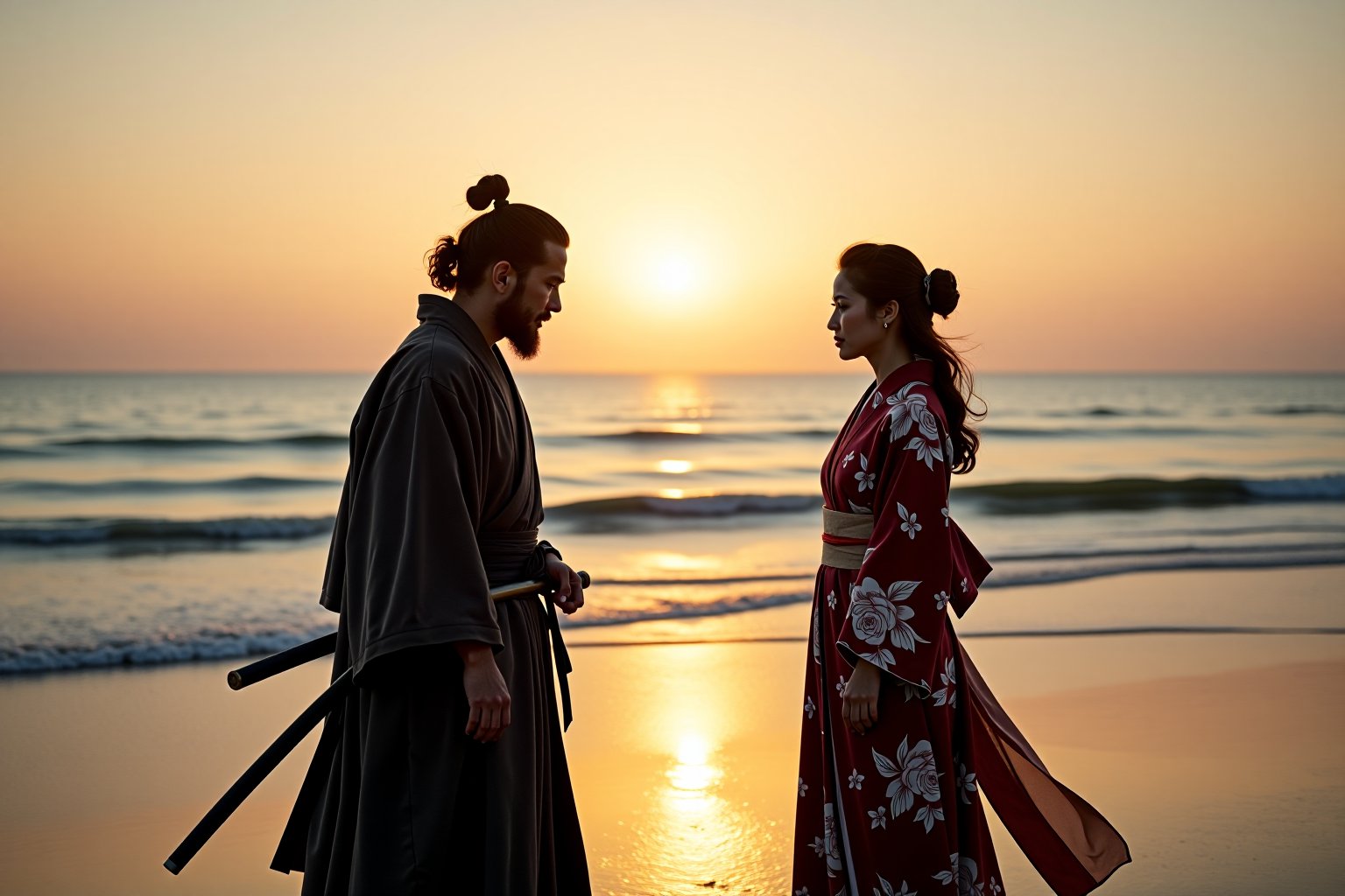 Photography. A deeply emotional and dramatic scene between a ronin and his girlfriend at a seaside, set during their final goodbye. The ronin, dressed in worn-out traditional samurai robes, stands solemnly with his hand resting on the hilt of his katana. His girlfriend, wearing a flowing kimono, stands far apart from him, her expression filled with sorrow and longing. They are gazing intensely at each other, the distance between them symbolizing the emotional rift as they say their farewells. The backdrop is a serene, yet melancholic, seaside with waves gently lapping at the shore, and the setting sun casting long shadows and a golden glow over the scene. The sky is painted with hues of orange and pink, adding to the bittersweet atmosphere. The overall composition captures the profound emotion of separation and unspoken love.,