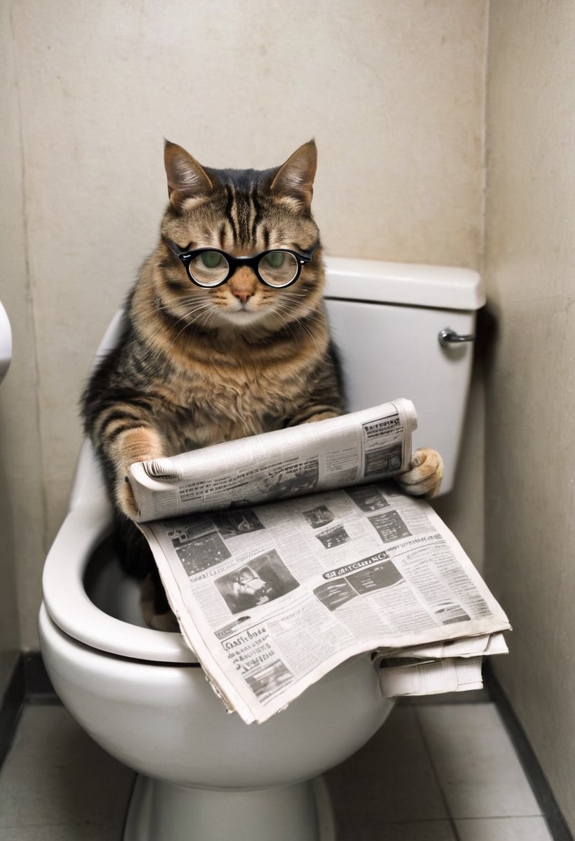 Photo of a cat, wearing bifocals, reading newspaper, sitting on a toilet