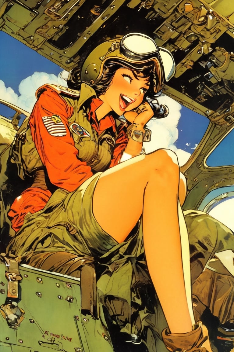 Anime Network, Female WW2 Pilot, bored expression, yawning, sitting inside fighter airplane, art by Masamune Shirow, art by J.C. Leyendecker. Anime style, key visual, vibrant, studio anime