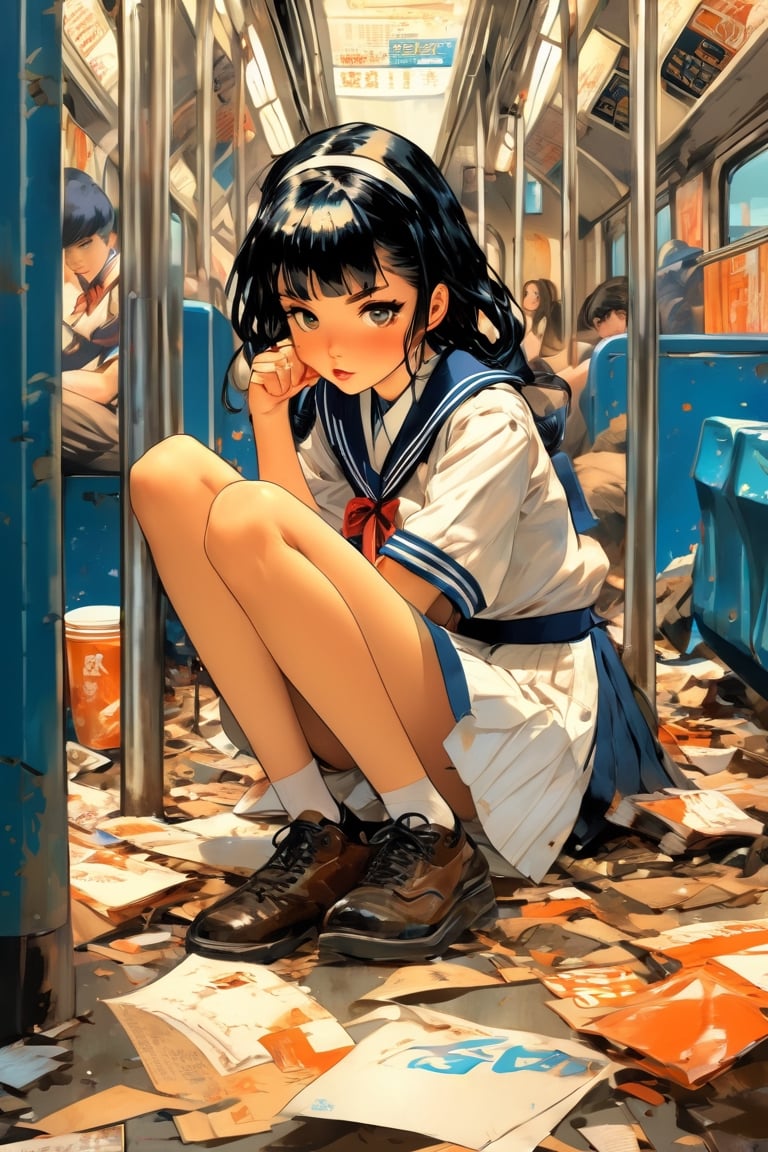 anime artwork, Japanese school girl, bored, black straight hair, sailor uniform, sitting on subway, blue interior, rust, garbage on the floor, broken bottles, art by J.C. Leyendecker . anime style, key visual, vibrant, studio anime, highly detailed