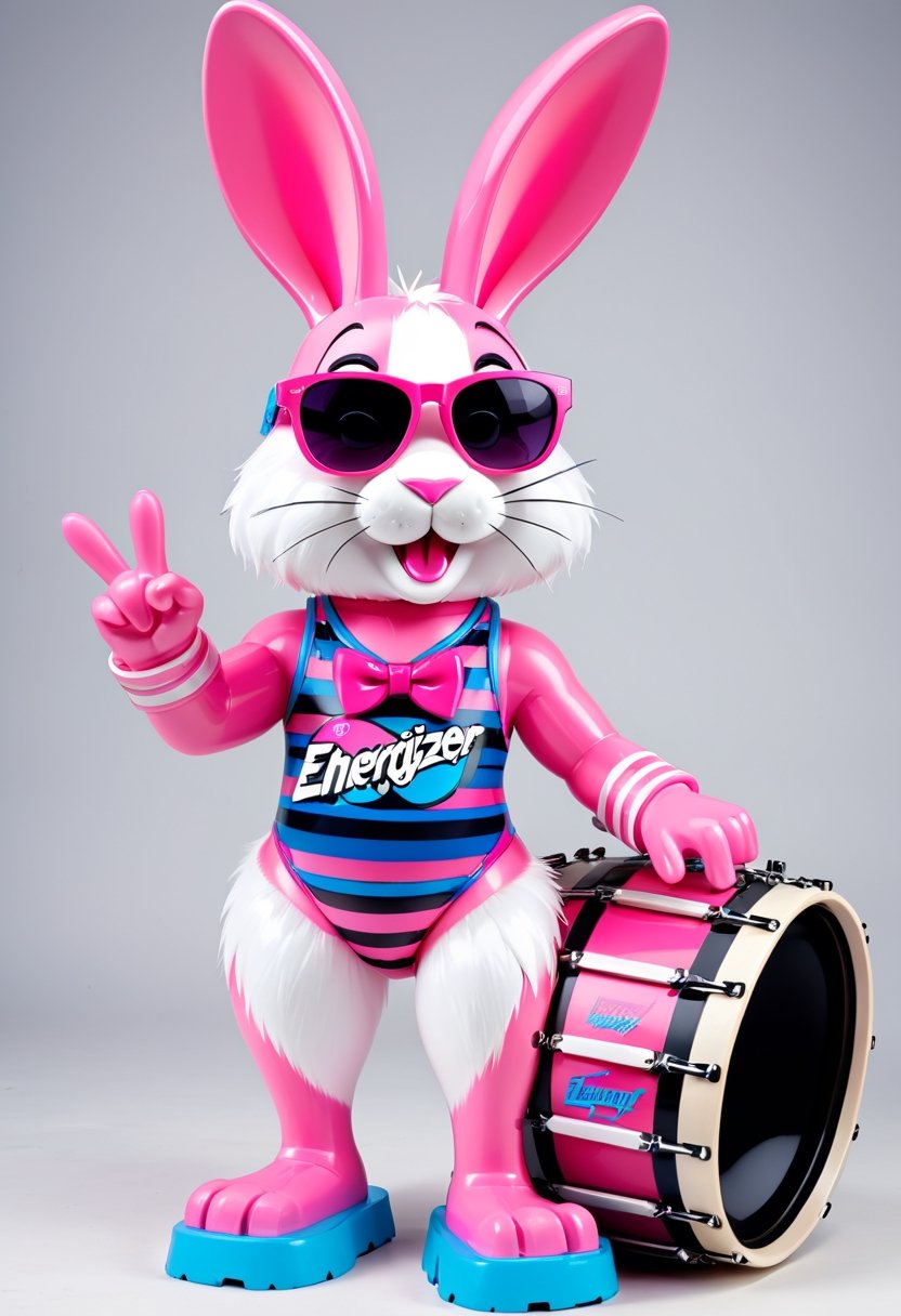 Energizer Bunny, Hello Kiddy as pink mechanical toy wearing sunglasses and blue and black striped flip-flops that beats a bass drum bearing the Energizer logo.