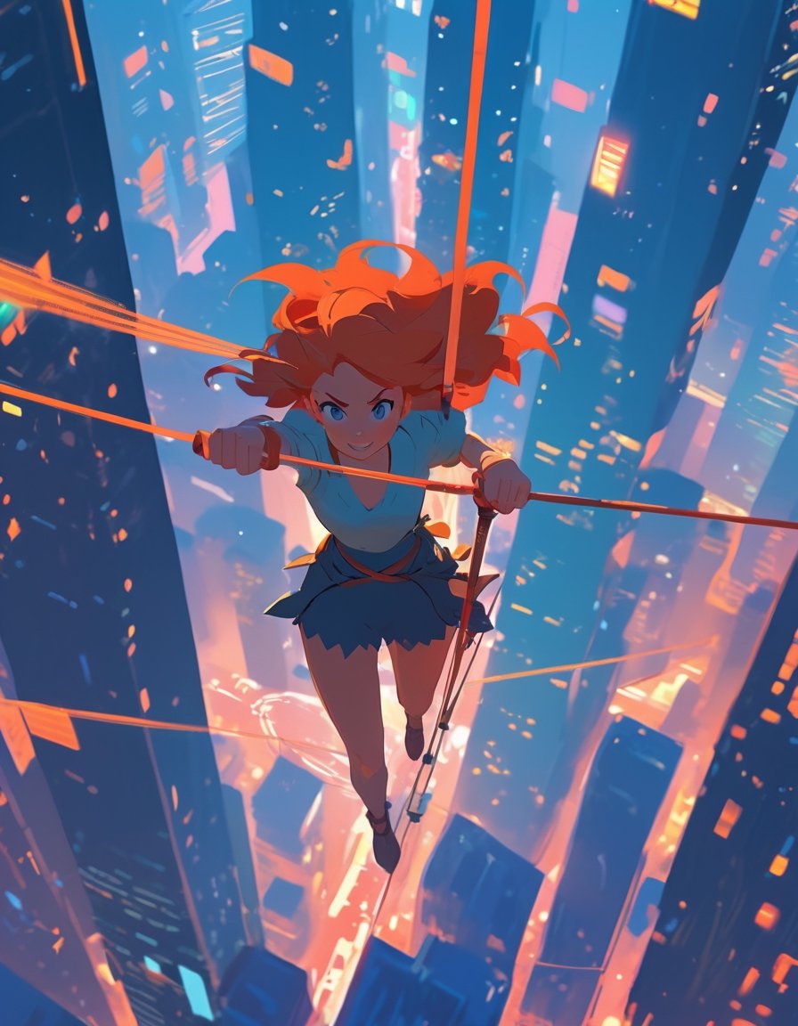 Anime Network, woman, ginger tightrope walking, holding long pole with both hands, on top of skyscrappers, art by Atey Ghailan, rossdraws global illumination, a storybook illustration. 